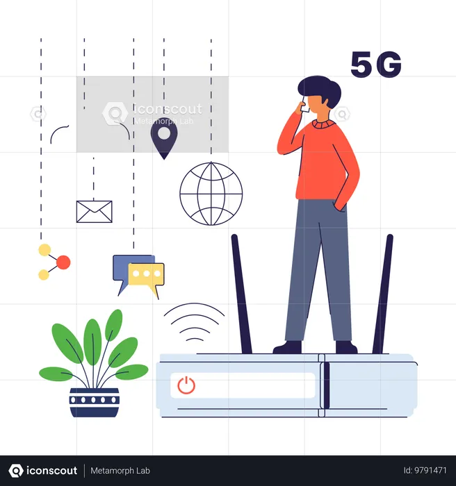 Homme parlant sur mobile en utilisant le réseau 5G  Illustration