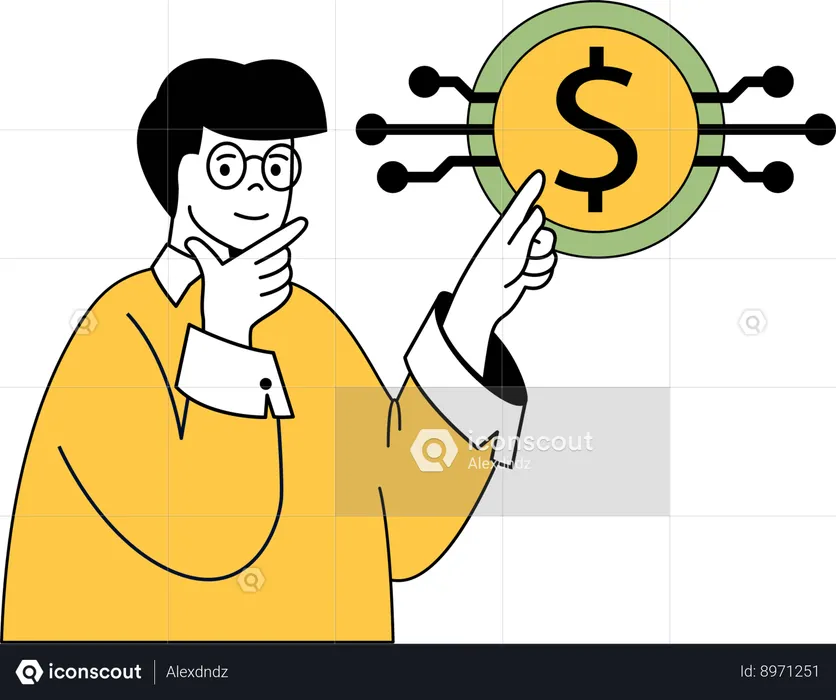 Homme pensant au réseau financier  Illustration