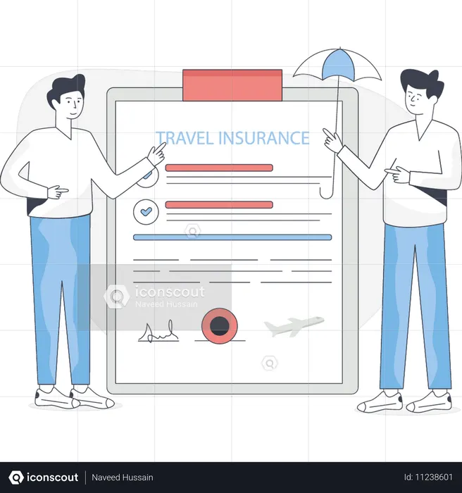 Un homme montre une assurance voyage  Illustration