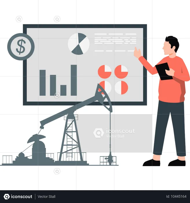 Un homme montre du doigt la construction d'une infographie  Illustration