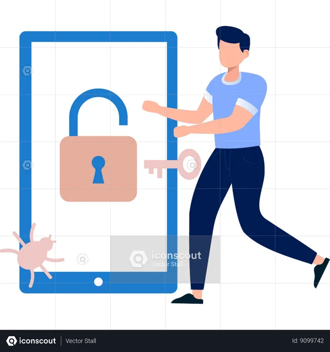 Homme pointant vers un virus sur mobile  Illustration