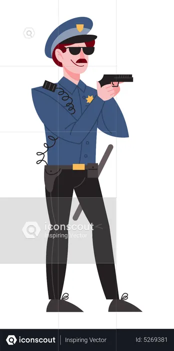 Officier de police masculin en uniforme tenant une arme à feu  Illustration