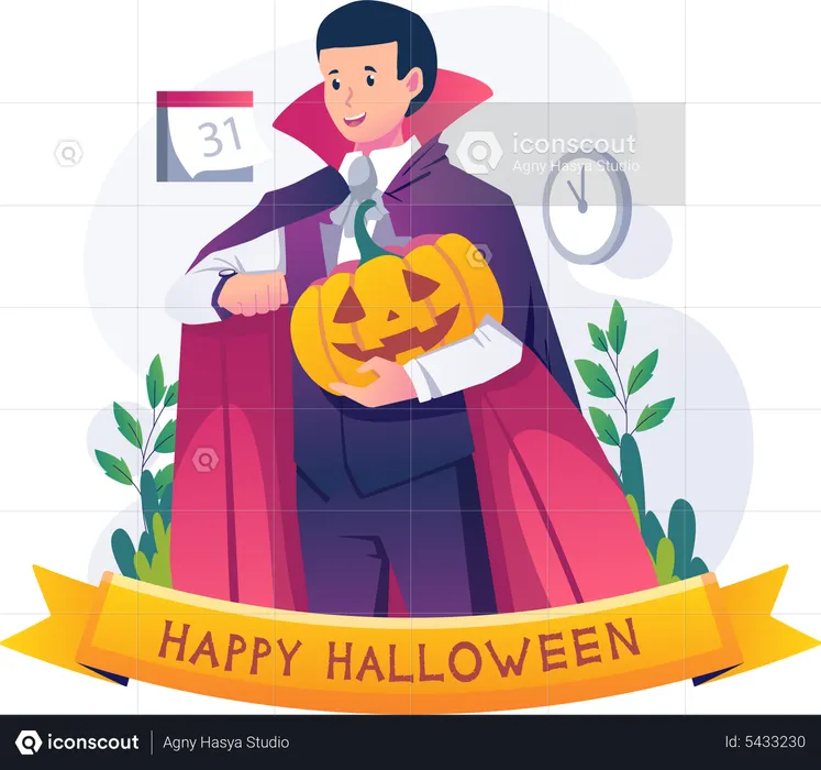 Homme portant un costume d'Halloween tenant une citrouille  Illustration