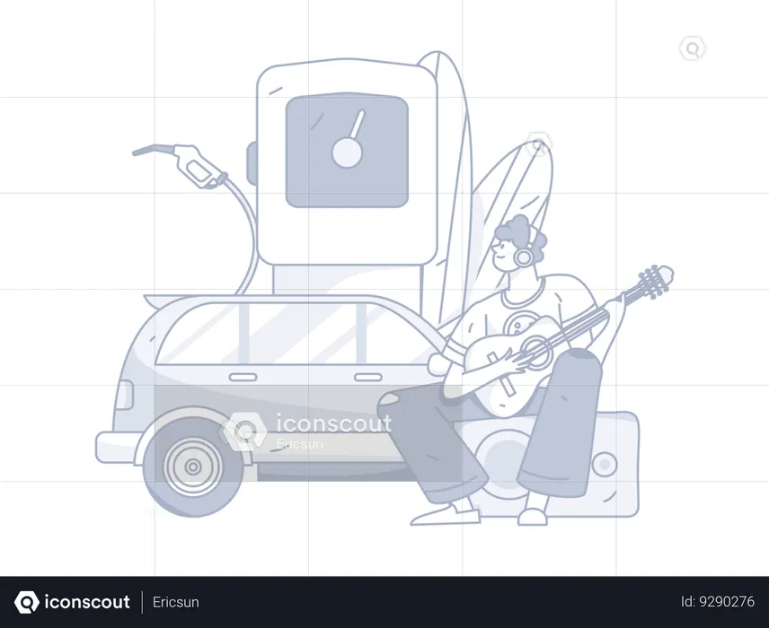 Homme posant une guitare à une station-service  Illustration