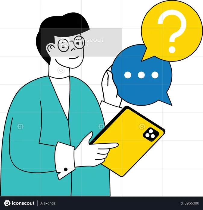 Un homme qui pose une question en ligne  Illustration