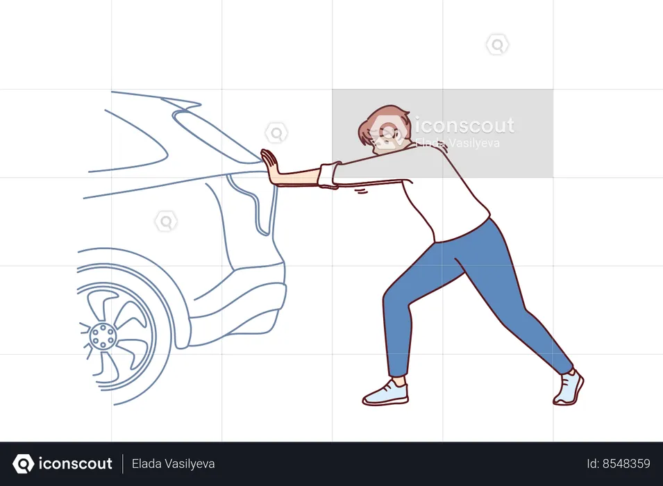 Un homme poussant une voiture cassée sur la route a besoin de l'aide d'un mécanicien automobile professionnel  Illustration