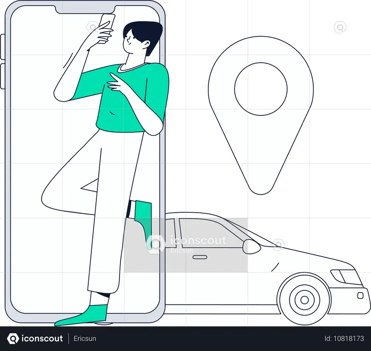 Un homme prend un taxi en ligne  Illustration