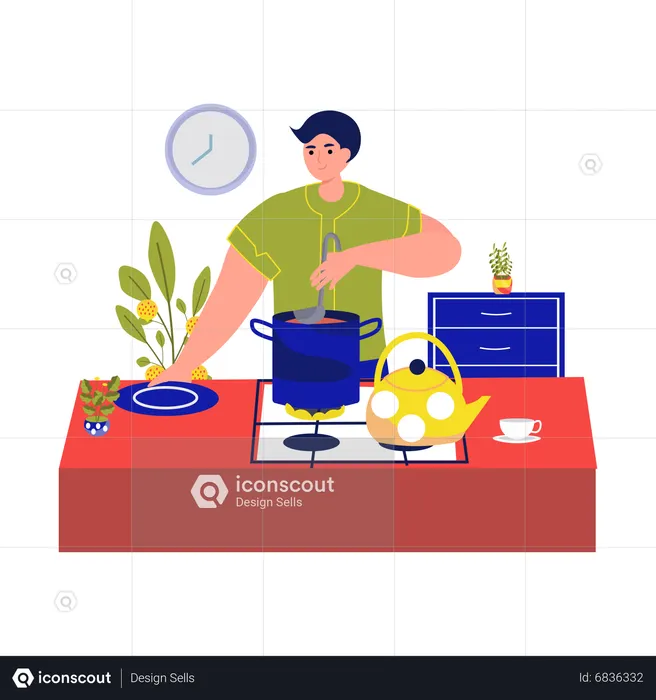 Homme préparant des plats faits maison dans la cuisine  Illustration