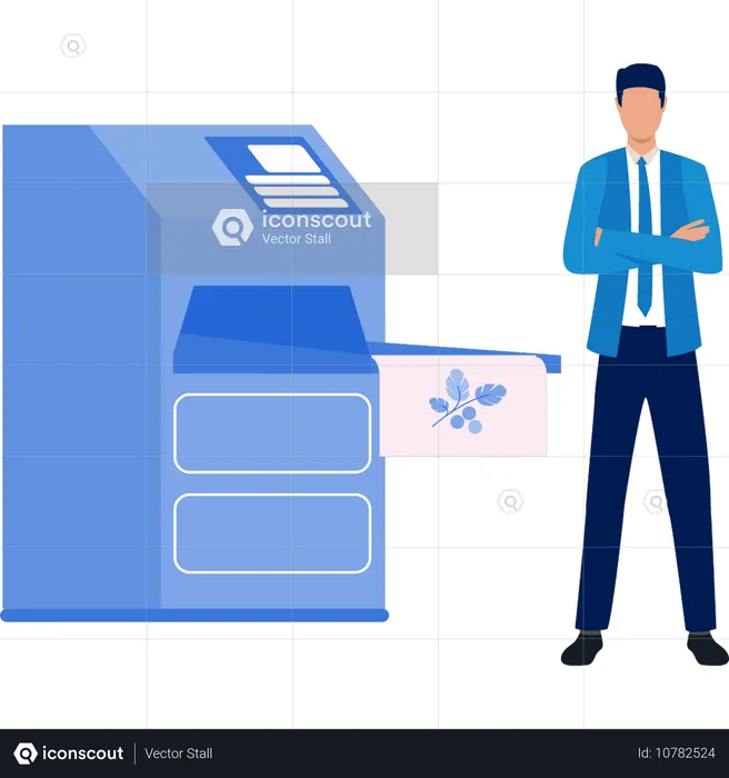 Homme présentant une machine à imprimer sur tissu  Illustration