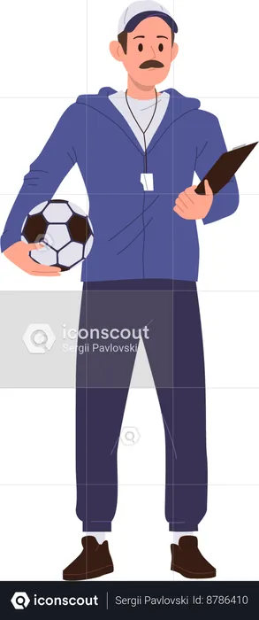 Professeur de football homme tenant le ballon et le presse-papiers  Illustration