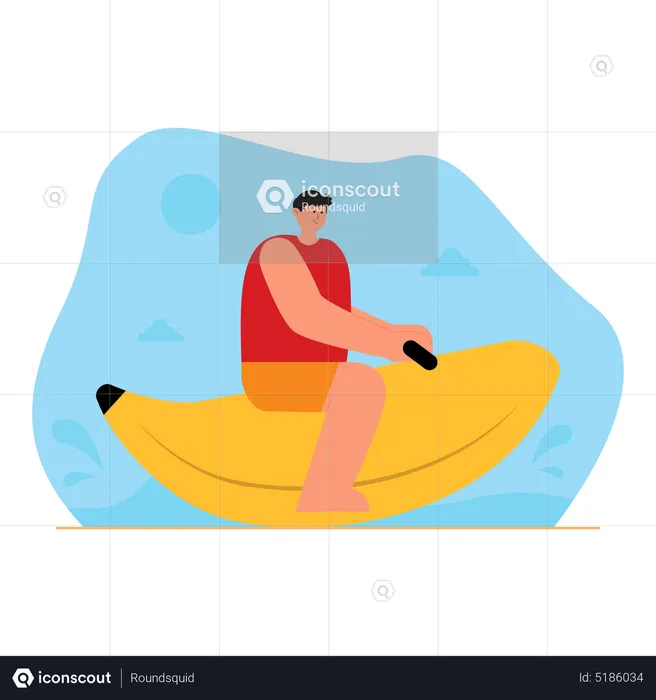 Homme appréciant sur un bateau banane  Illustration