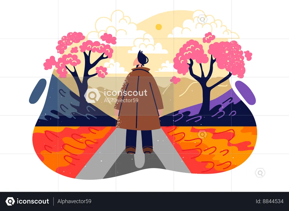 L’homme marche dans le parc en automne  Illustration