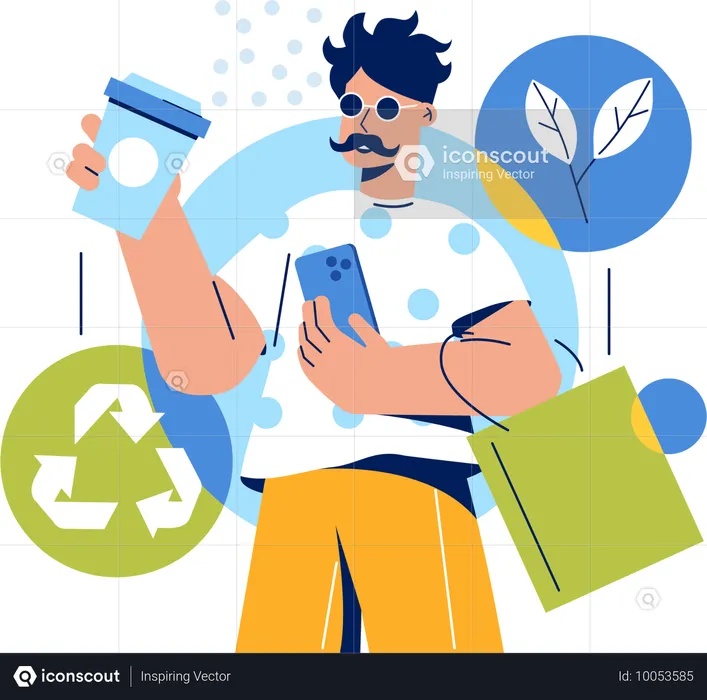 Un homme fait la promotion de produits recyclés  Illustration