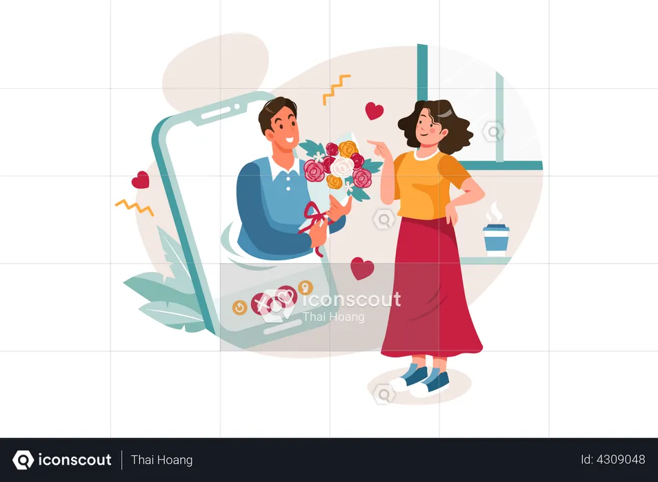 Homme proposant une femme via un smartphone  Illustration