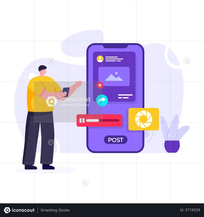 Homme publiant une mise à jour de son statut sur une application de réseau social  Illustration