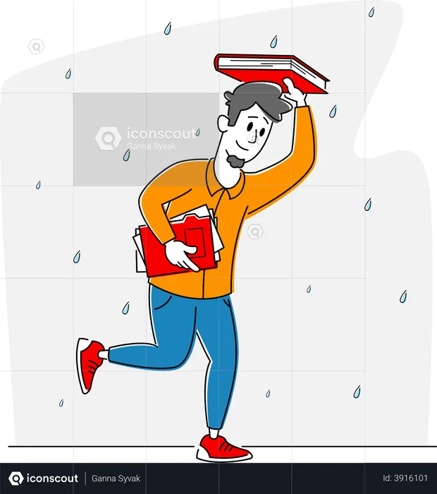 Homme courant sous la pluie se couvrant la tête avec un livre  Illustration