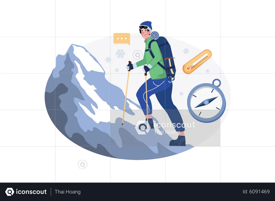 Homme randonnée en montagne en hiver  Illustration