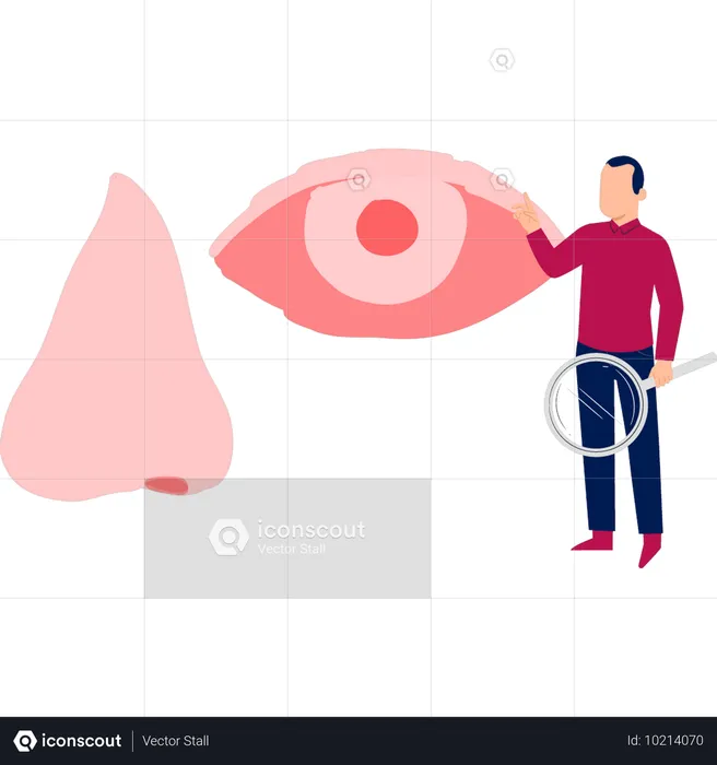 Un homme cherche des germes dans ses yeux  Illustration