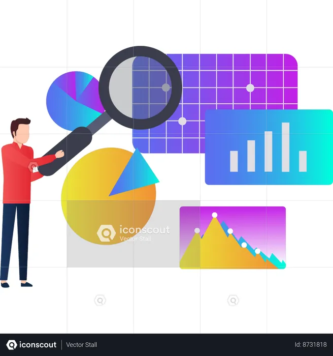 Homme recherchant des analyses de diagrammes circulaires  Illustration