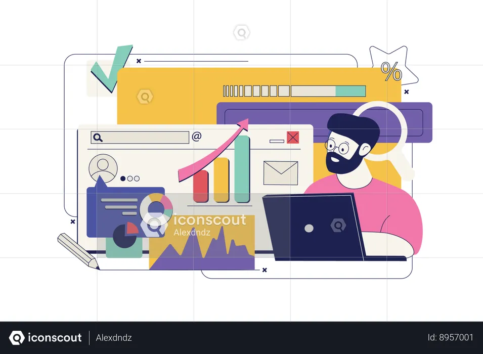 Homme recherchant des diagrammes statistiques  Illustration