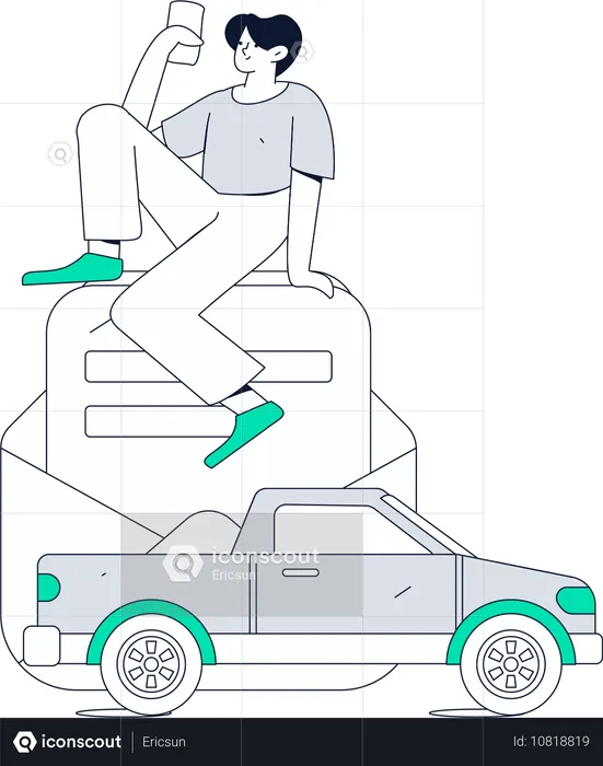 Un homme lève les yeux pour récupérer les papiers de sa voiture  Illustration