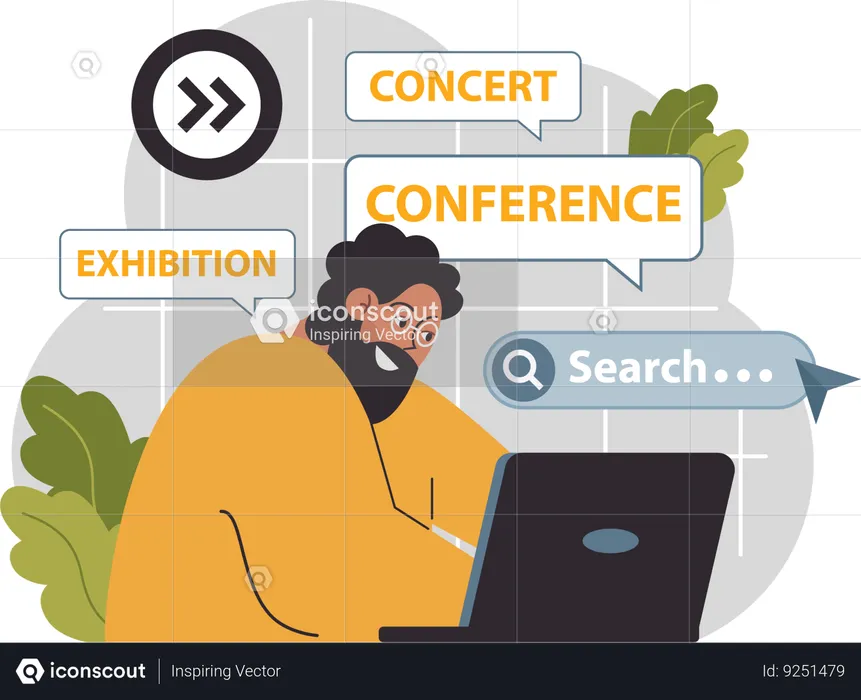 Un homme recherche un concert en ligne  Illustration