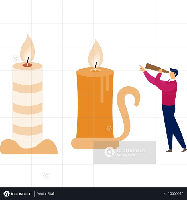 Homme regardant un feu de bougie avec une longue-vue  Illustration