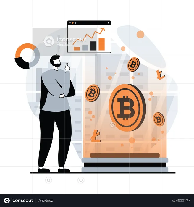 Homme regardant le bureau de négociation de crypto-monnaie  Illustration