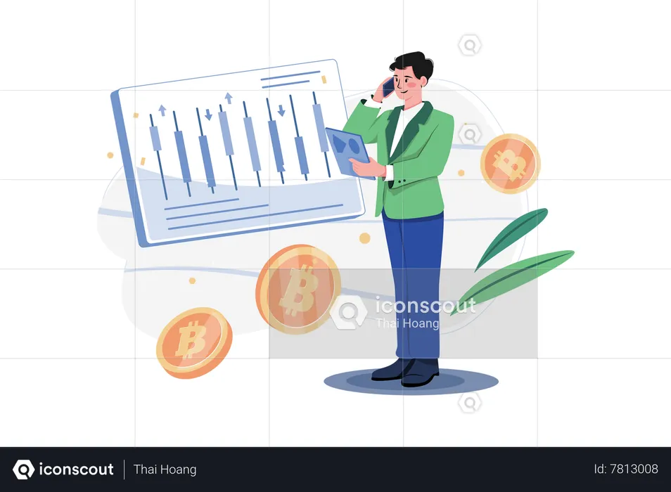Homme regardant le bureau de négociation de crypto-monnaie  Illustration