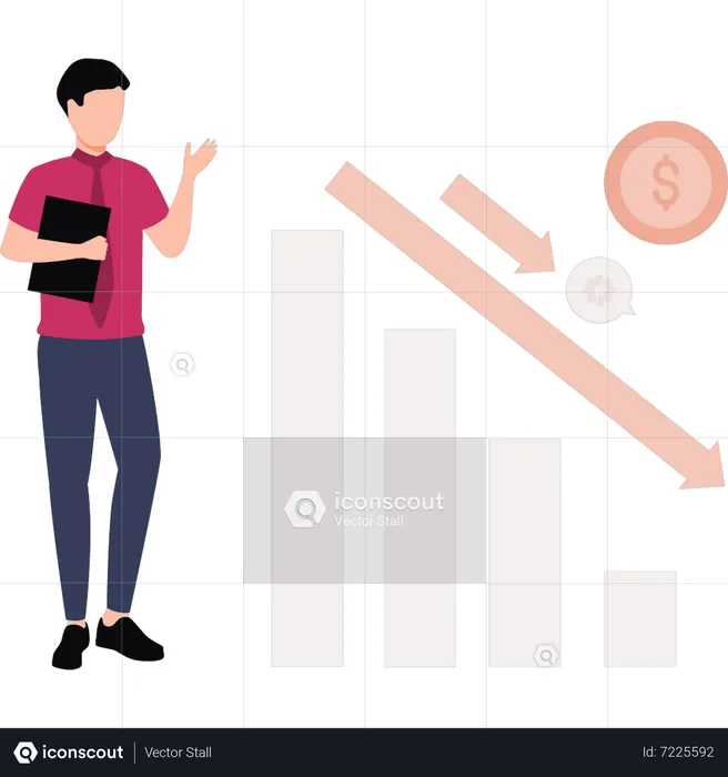 Homme regardant le graphique du dollar en baisse  Illustration