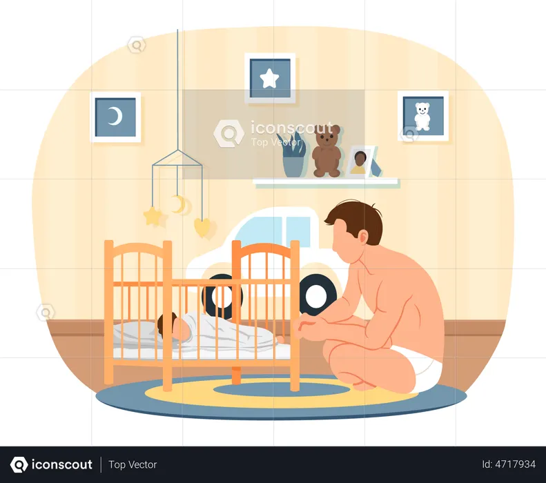 Homme regardant son petit fils au berceau  Illustration