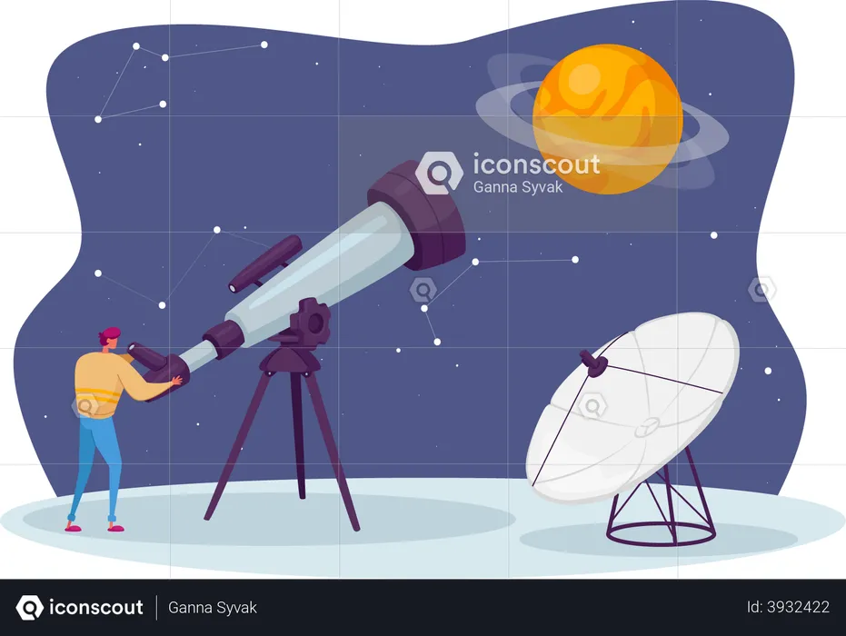 Homme observant l'espace au télescope étudiant le cosmos  Illustration