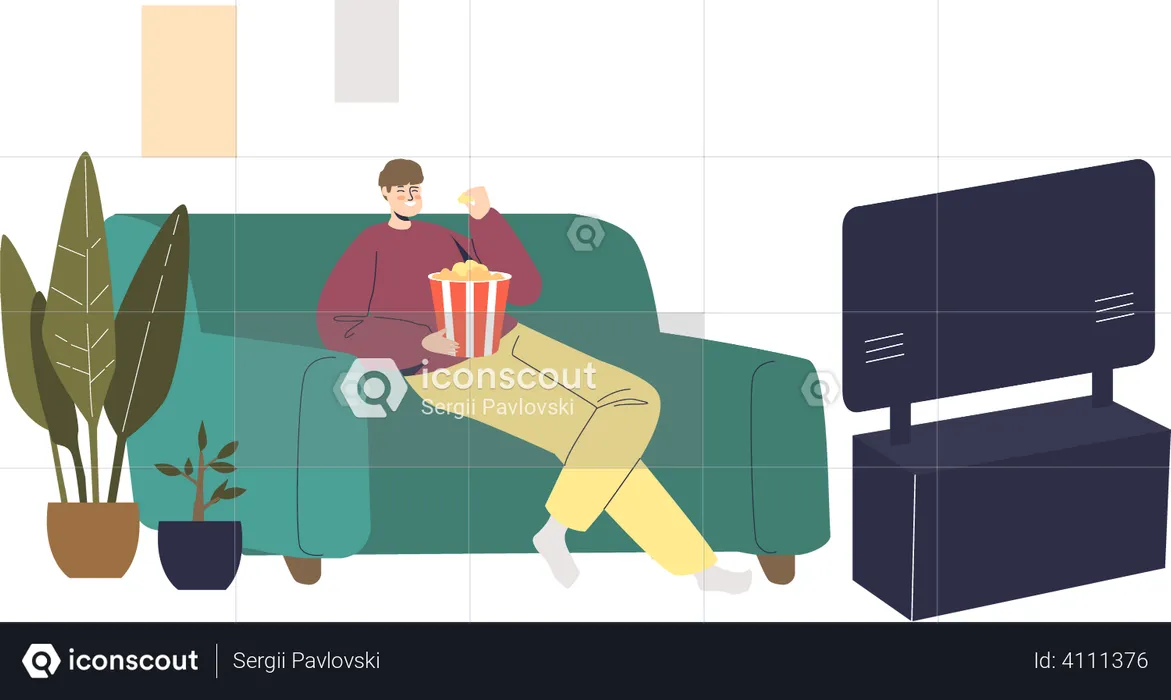 Homme regardant un film comique à la maison  Illustration