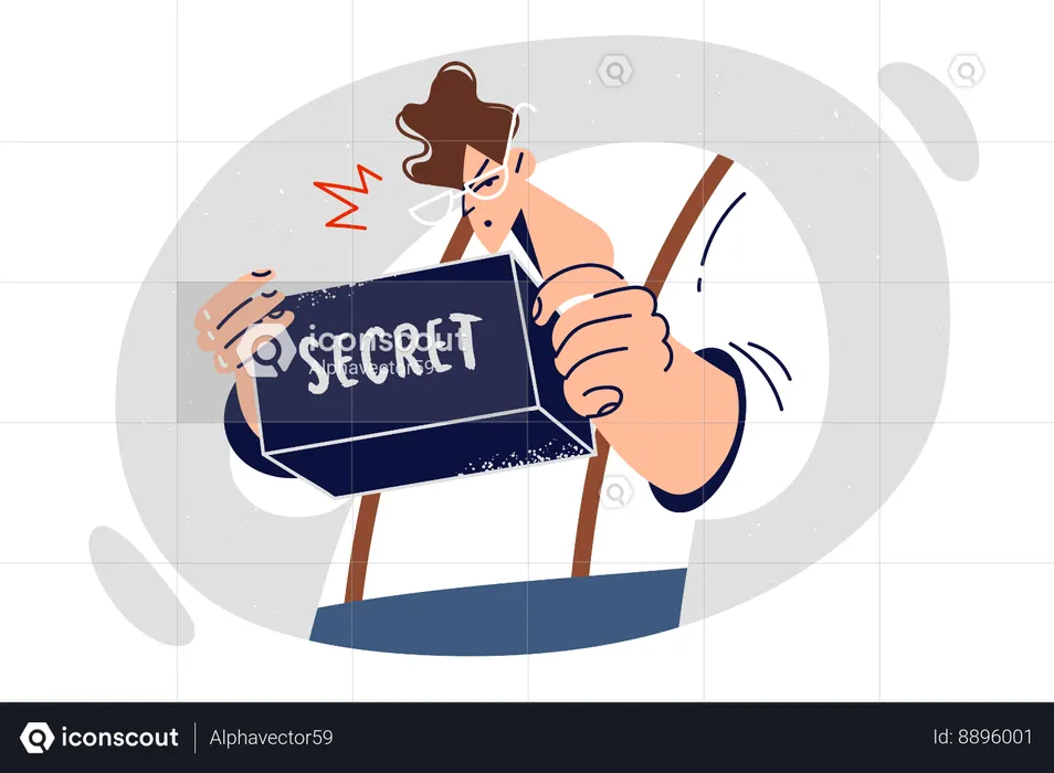 Un homme regarde dans une boîte contenant des documents secrets  Illustration