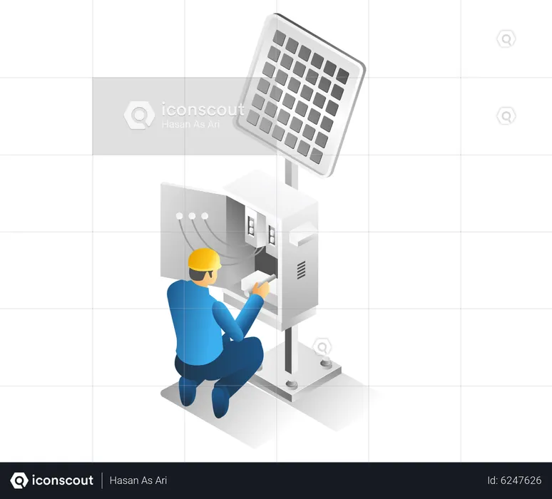 Homme réparant le panneau d’énergie électrique solaire  Illustration