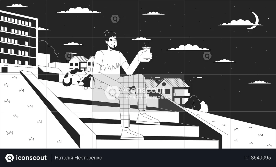 Homme relaxant avec animal de compagnie dans les escaliers la nuit  Illustration