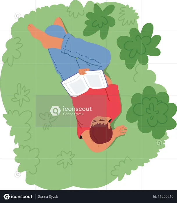 Un homme se détend sur l'herbe verte tout en lisant un livre  Illustration