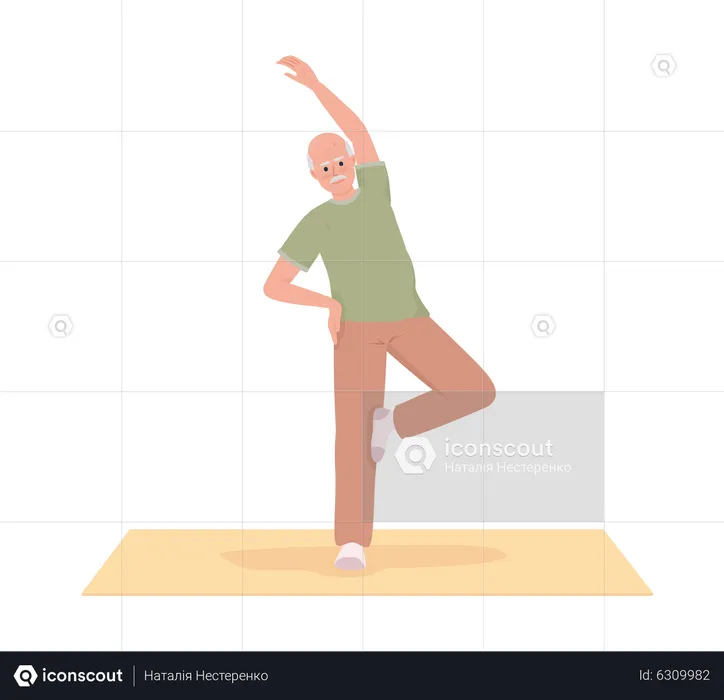 Homme âgé s'échauffant avant une activité de yoga sur un tapis  Illustration