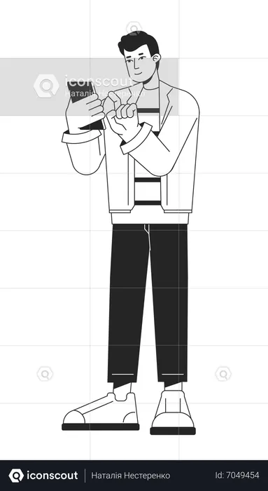 Homme souriant composant le numéro sur son téléphone portable pour appeler  Illustration