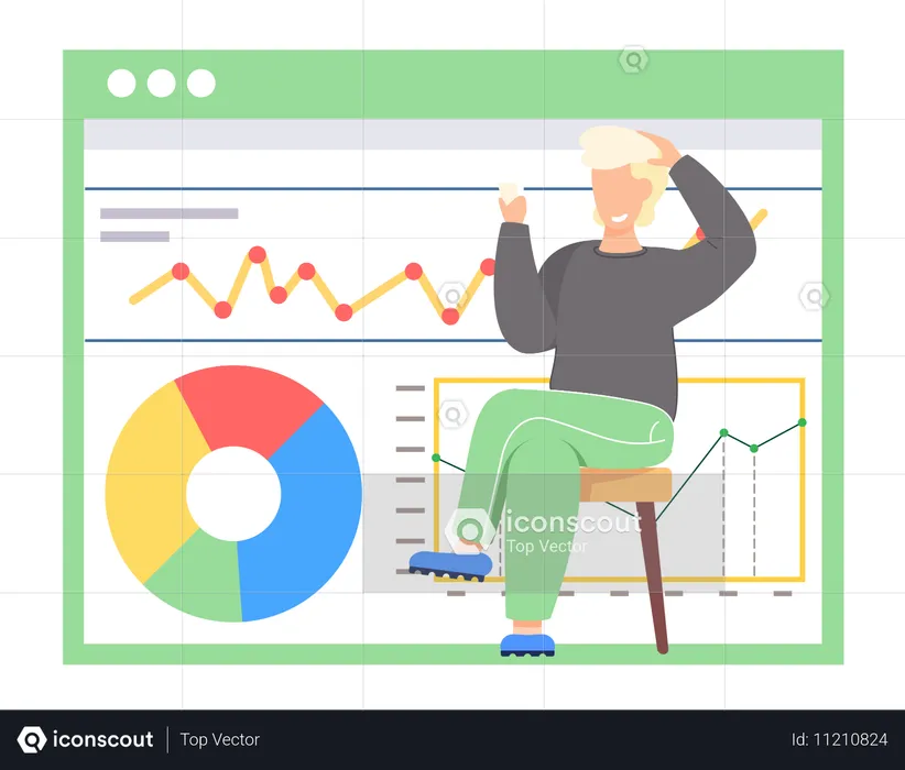 Un homme souriant regarde une analyse des bénéfices  Illustration