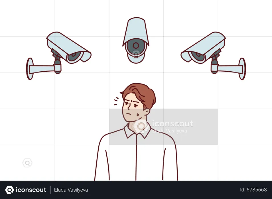 Homme sous caméra de vidéosurveillance  Illustration