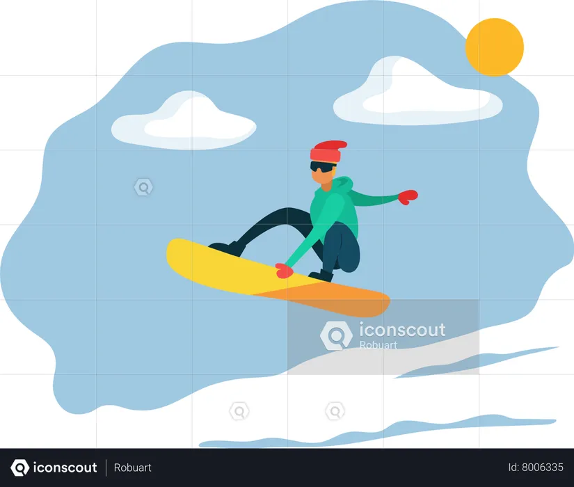 Homme à cheval sur snowboard  Illustration