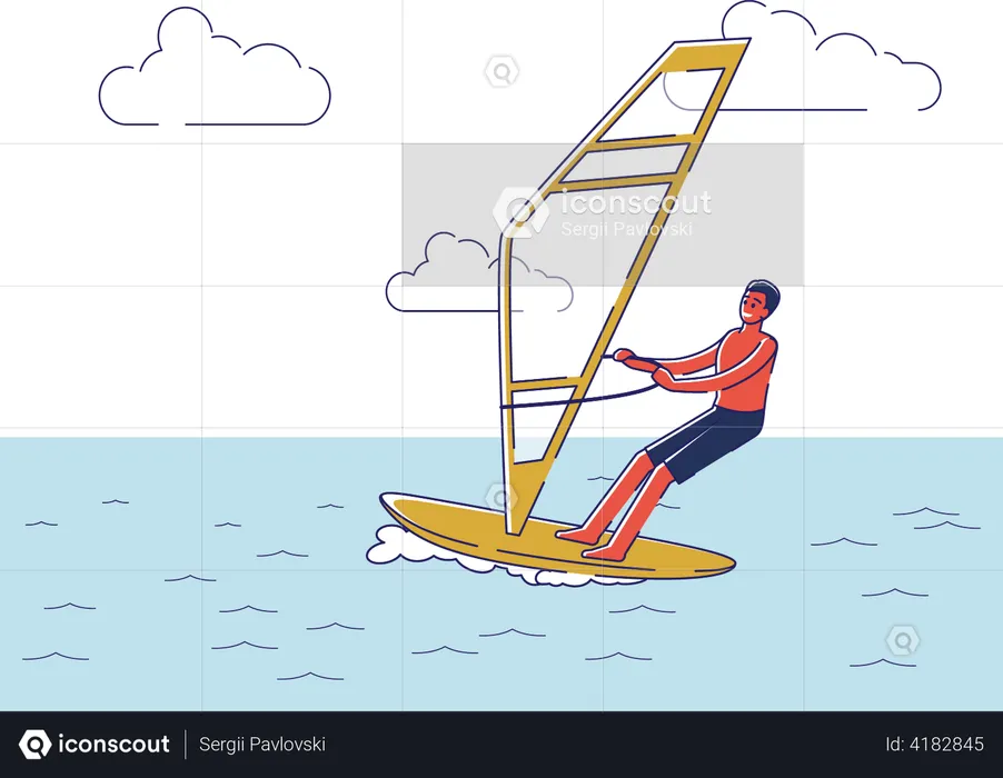 Homme chevauchant une planche à voile  Illustration