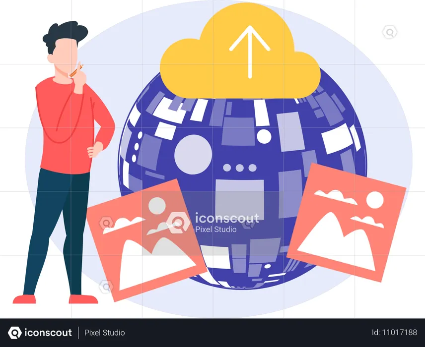 Homme téléchargeant des données sur le cloud  Illustration