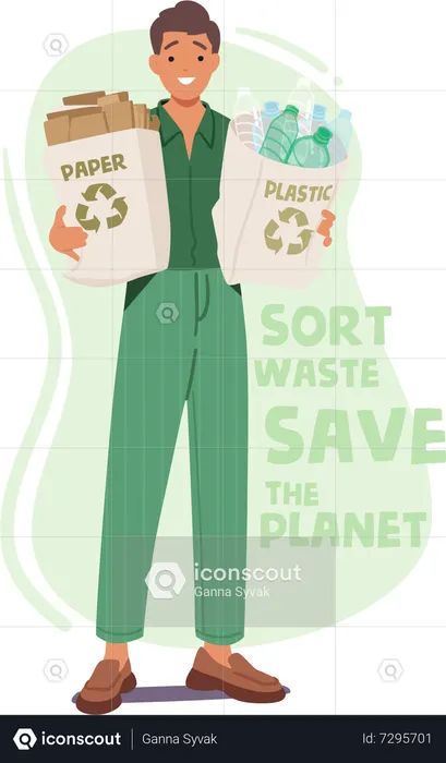Homme tenant des sacs écologiques avec du papier et du plastique triés  Illustration
