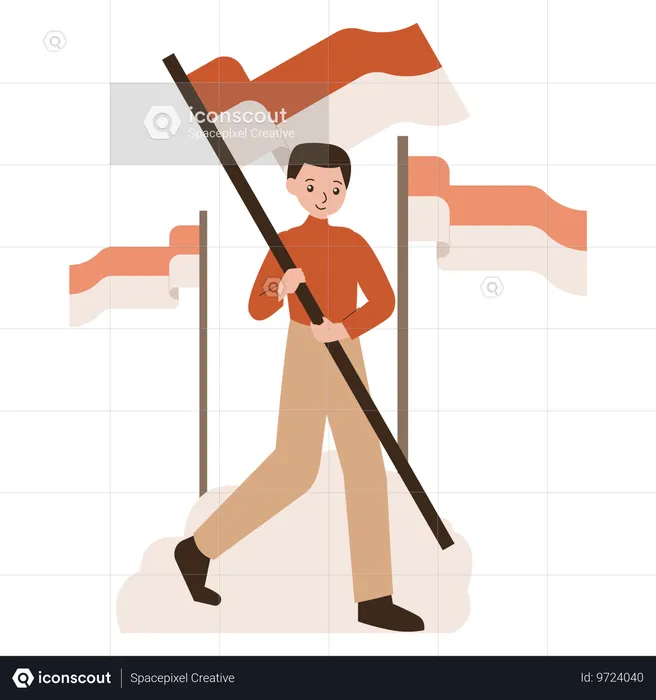 Homme tenant le drapeau de l'indépendance indonésienne  Illustration