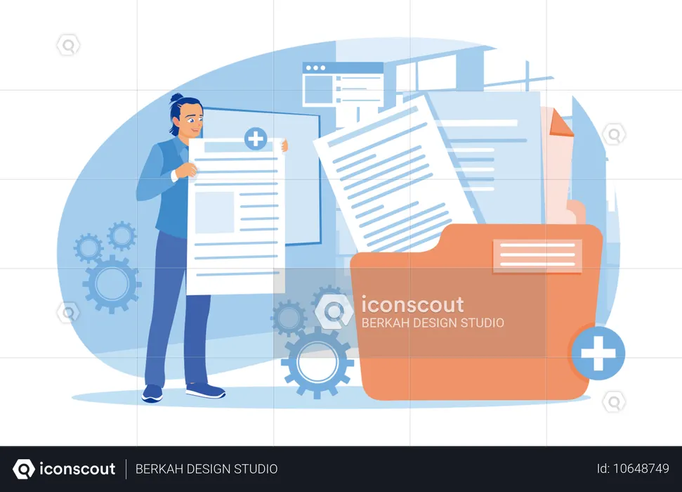 Homme tenant un fichier et enregistrant les fichiers dans les dossiers principaux  Illustration