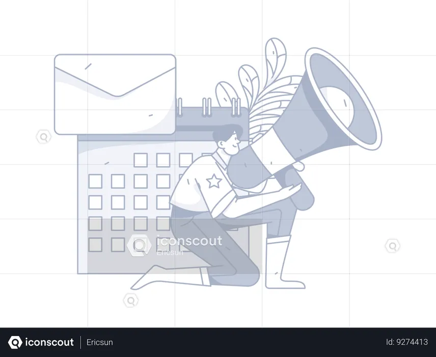 Homme tenant un mégaphone tout en travaillant avec le calendrier marketing  Illustration