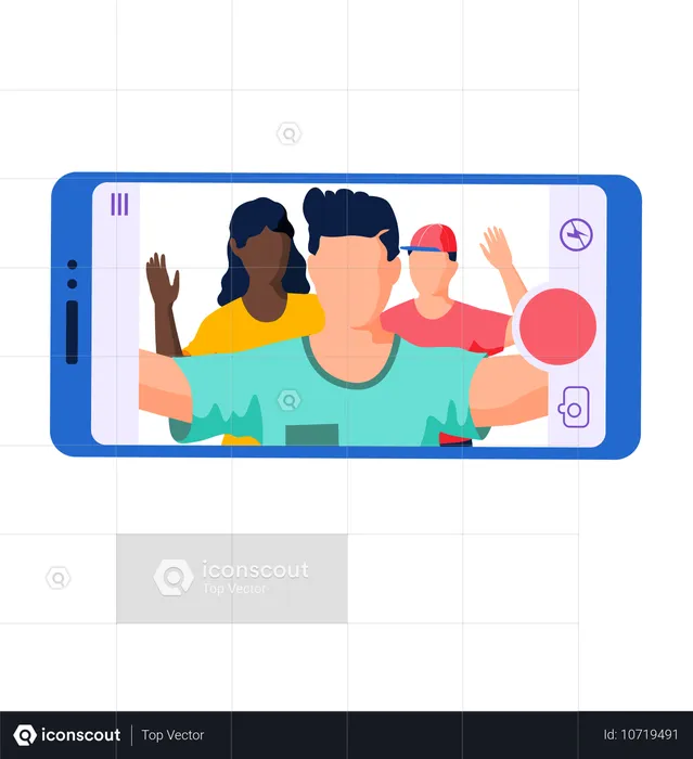 Un homme tenant un smartphone faisant un selfie avec une compagnie amusante d'amis agitant les mains isolées sur blanc  Illustration