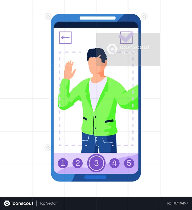 Un homme tenant un téléphone portable en cliquant sur un selfie, un cadre photo sur l'interface de l'écran dans une application de médias sociaux  Illustration